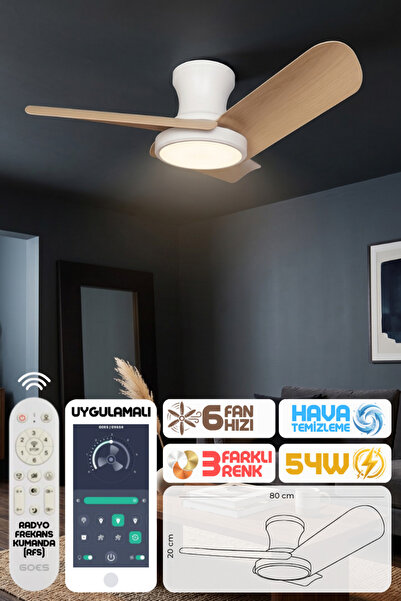 Enshall 80cm Modern Goes Uzaktan Kumandalı 3 Kanatlı Uygulamalı Tavan Vantila...
