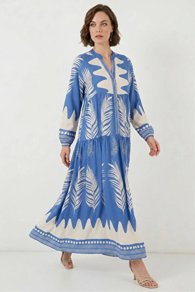 buğrahayalin Women's V-Neck Gathered Waist Floral Patterned Viscose H. Indigo...