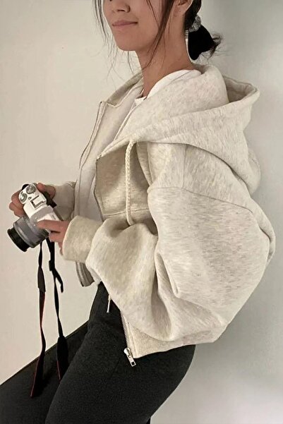 Bravebell Snow Melange Crop Top Thick Fabric Hooded Crop Cardigan