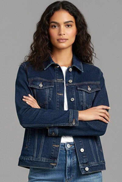 Uzun Kollu Yakalı Metal Düğme Kapamalı Rahat Kesim Likralı Esnek Dört Cepli Denim Jean Kot Ceket