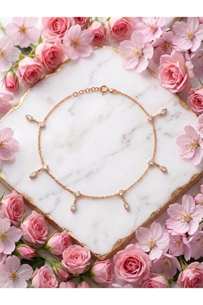 SARIASLAN 925 Ayar Gümüş Markis Zirkon Taşlı Gümüş Halhal Rose Gold Renk