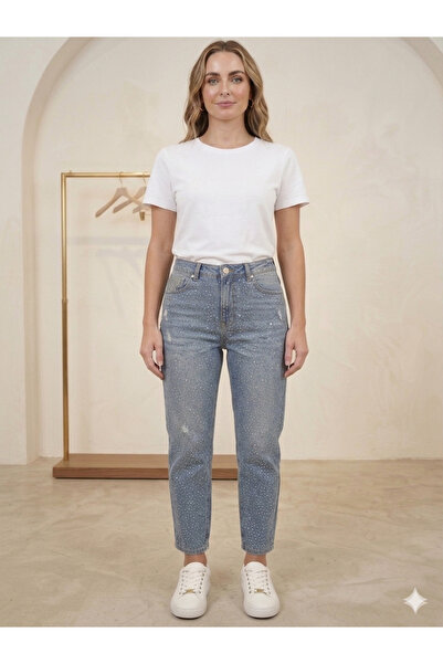 LA CARTE JEANS Taş Detaylı Ful Likralı Mom Jean Pantolon