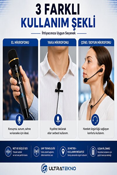 ULTRATEKNO UHF Kablosuz Mikrofon Seti El Yaka ve Boyun Mikrofonlu 6.5 mm Alıcılı 3.5 mm Çeviricili Profesyonel Mikrofon Sistemi