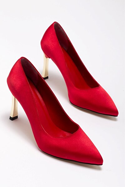 Hayalimdeki Ayakkabı Women's Red Satin Gold Heel Pointed Toe Thin Heel Stiletto