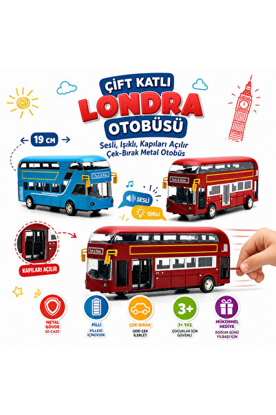 Shoplandu Işıklı ve Müzikli Açılır Kapılı Çift Katlı Metal Otobüs