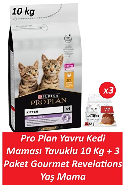 Pro Plan Yavru Kedi Maması Tavuklu 10 Kg + 3 Adet Gourmet Sığır Etli Yaş Mama