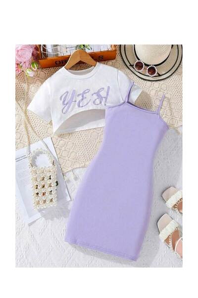 VESTIR BIEN Printed White Crop Colorful Strap Dress Set for Kids