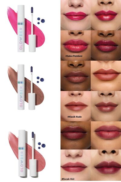 glowder Dudak Dövmesi Lip Stain Kalıcı Ruj (Sakız Pembesi + Klasik Nude + Sıc...