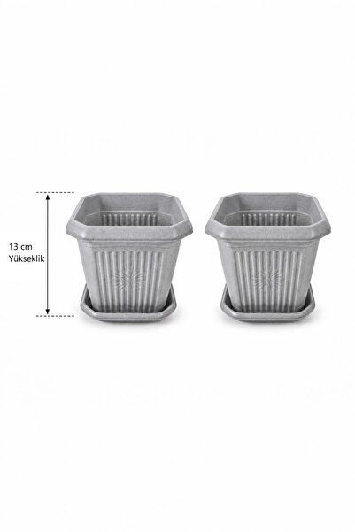 GÜZELYÜZ AVM 2 Adet Kare Saksı Seti | Gri Renk Tabaklı Saksı Seti 1,5 Litre 1...