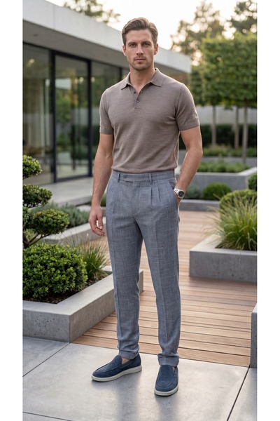 Slim Fit Dar Kesim Yan Cep Pileli Duble Paça Kumaş Erkek Pantolon