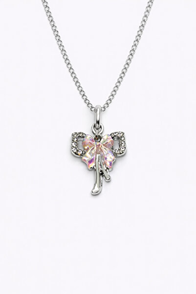 MakeWell Zircon Stone Heart Pendant with Pink Bow Detail Silver Color Stylish...