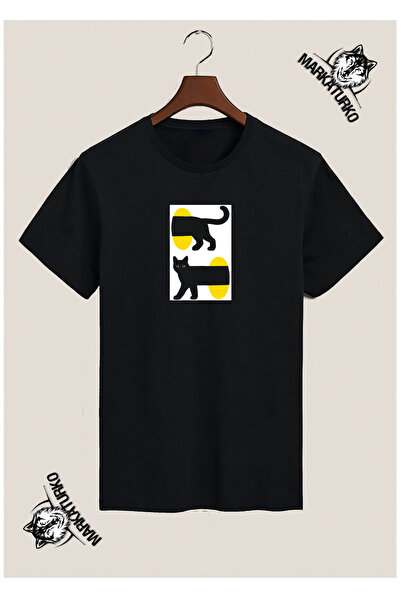 MarkaTurko Cat Themed Special Design Printed Black T-Shirt