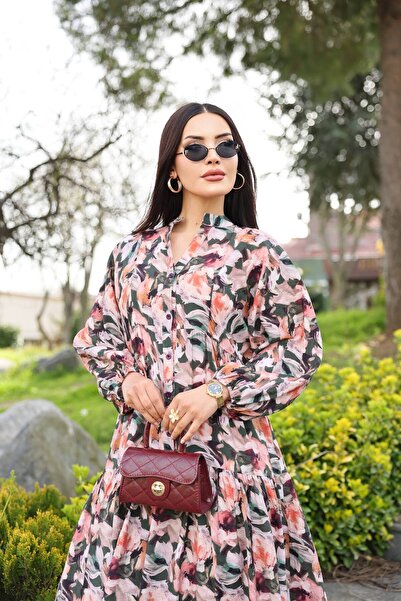 Cannes Silla Women's Hakim Collar Authentic Patterned Long Orange Dress
