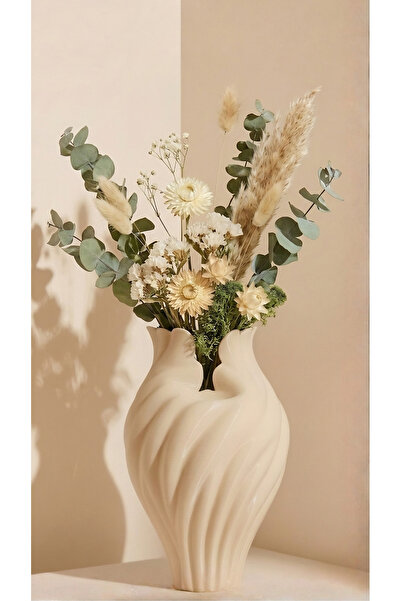 END Design Bohem Dekoratif Vazo – Sanatsal Ev Aksesuarı - Bej Rengi 21cm(Çiçe...