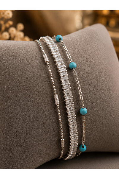 Takıtolia Aqua Triple Combination Silver Color Zircon Baguette Stone and Turq...