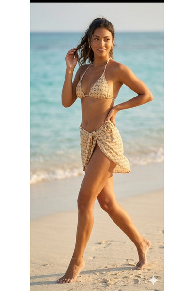 TEMSSHOP Tüm Gözleri Üzerine Çeken Desenli Bikini Takım Pareolu Plaj Şıklığı