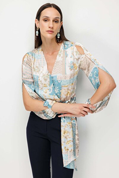 Ekol Beli Scarf Patterned Crop Blouse