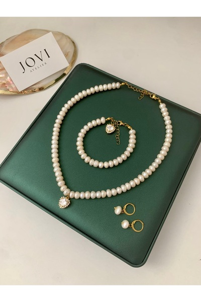 JOVİ ATELİER Doğal Rondela Kadın İnci Kolye Bileklik Küpe Seti | Beyaz Kalp C...