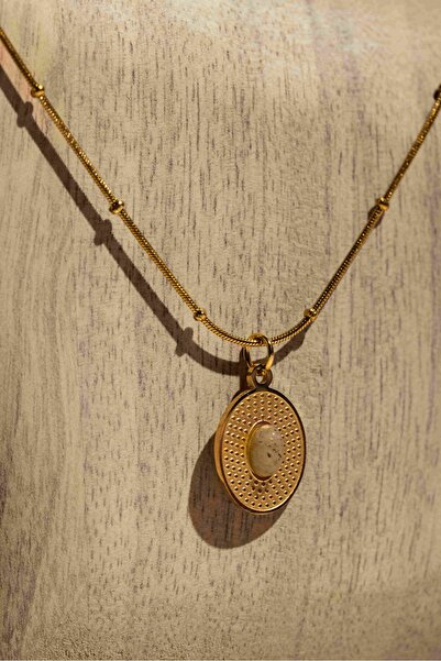 Vola Collection قلادة نسائية بيضاوية الشكل من الحجر الطبيعي باللون الذهبي الف...