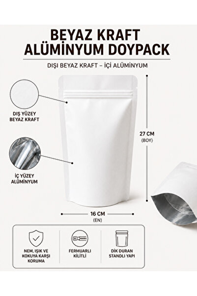 DOYPACK BEYAZ KRAFT ALÜMİNYUM KİLİTLİ - 16*27 - 500 GR - 50 ADET
