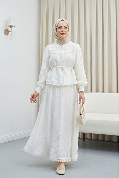 Modamorfo Collared, Belted, Lined, Ruffled Cupra Set - Ecru