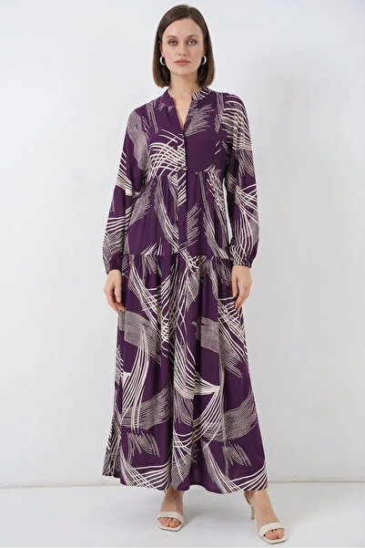 buğrahayalin Women's High Collar Gathered Waist Patterned Viscose Purple Hija...