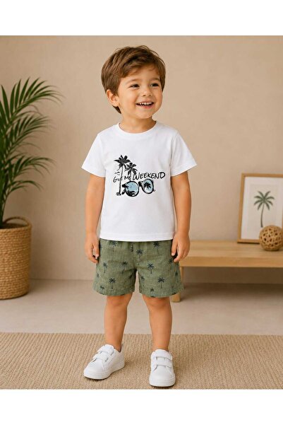 krm kerem bebe Palmiye Desenli T-Shirt & Şort İkili Yazlık Erkek Çocuk Takım