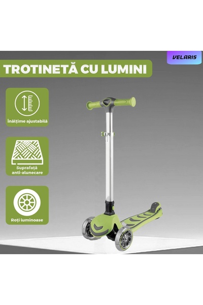 Velaris Children's Scooter with Lights Green - 4 Adjustable Heights, Safety
