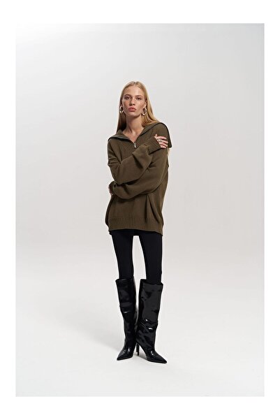 LC Waikiki Nevavm Lorna Zippered Khaki Knitwear Sweater with a Difference