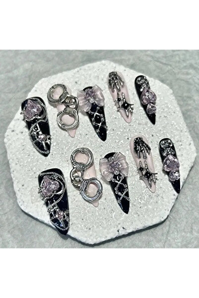 Choice3 S 10Pcs Handmade Nails Black Pink Long Pointed False Nails Y2K Sweet ...