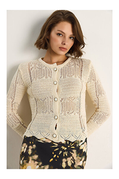 LC Waikiki Nevavm Women's Perforated Embroidered Knitwear Cardigan with a Dif...