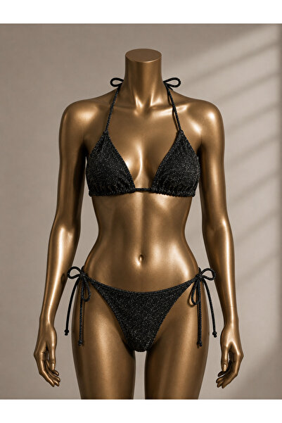 Maser Parlak Sim Detaylı Siyah Bikini Seti