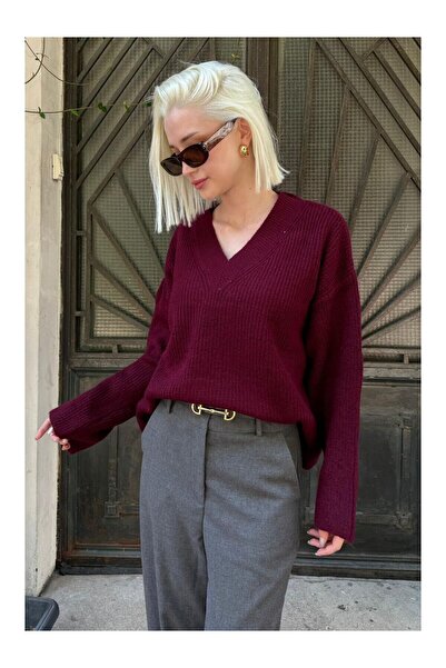 LC Waikiki Nevavm Burgundy V-Neck Knitwear Women's Sweater Mg2501