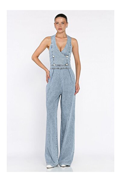 LC Waikiki Nevavm Women's Jean Jumpsuit with Front Button Detail and Differen...