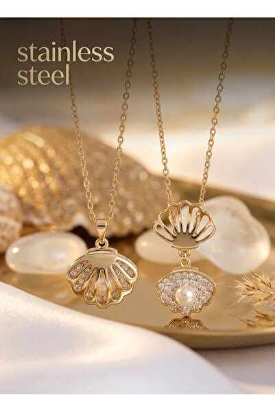 stainless steell 316L Steel Chain Gold Color Zircon Stone Pearl Detail Oyster...