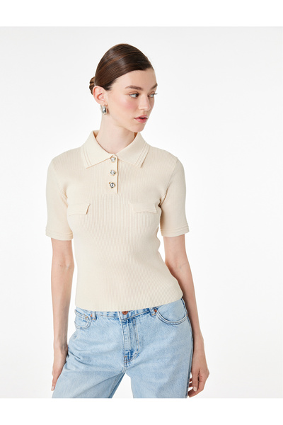 Koton slim fit Pulover tricotat cu mânecă scurtă, cu guler polo și detaliu cu...