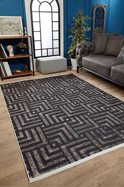halinet Halı.Net Anthracite Modern Washable Non-Slip Living Room Carpet Haln-...