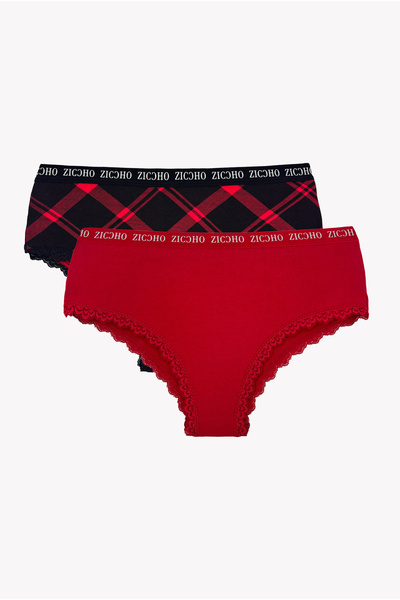 ZICCHO Women's Red Plaid Patterned Cotton 2-Piece Hipster Panties Set with Lace