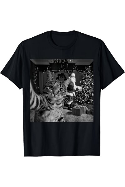 yiou trendy clothing تي شيرت أسود لعيد الميلاد يتميز برسومات قطة لطيفة ترتدي ...