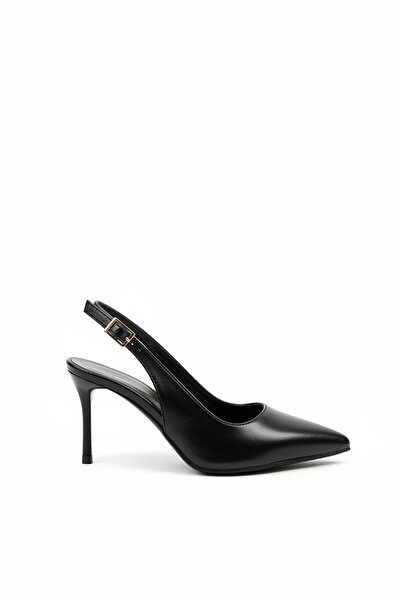 SHOEBELLAS Crey Siyah Cilt Kadın Topuklu Ayakkabı
