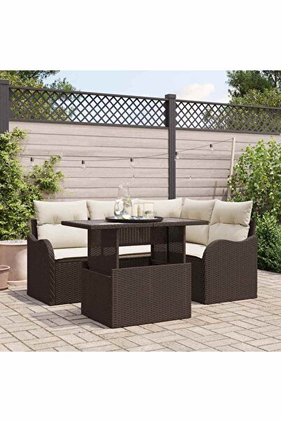 vidaxl Set dining pentru exterior cu perna 5 pcs Maro Rattan poli