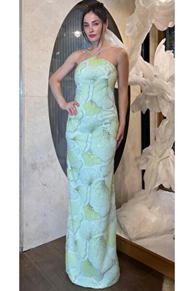 Green Collar Strap Embroidered Evening Dress