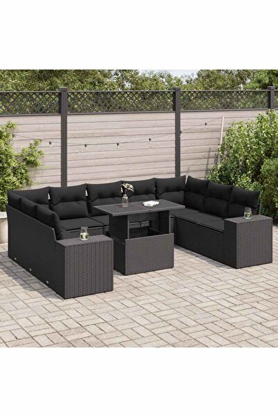 vidaxl Set canapele de gradina cu perne, 10 piese, negru, poliratan