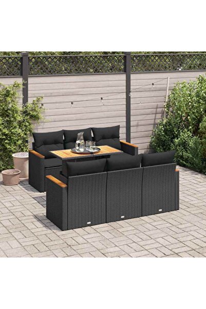 vidaxl Set canapele gradina perne 7 piese negru, poliratan/lemn acacia