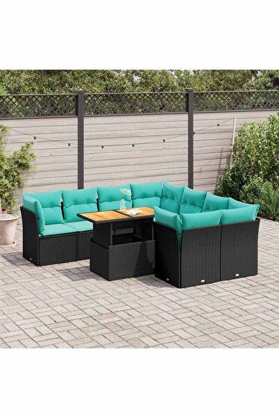 vidaxl Set mobilier de gradina cu perne, 9 piese, negru, poliratan