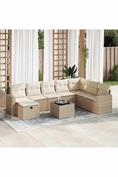 vidaxl Set canapele de gradina, 9 piese, cu perne, bej, poliratan