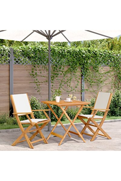 vidaxl Set mobilier bistro, 3 piese, textil alb crem/lemn masiv