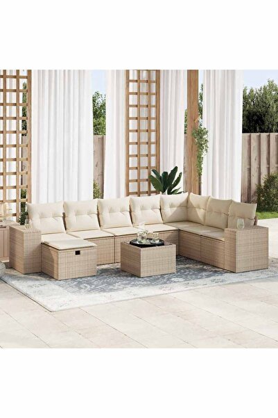 vidaxl Set canapele de gradina, 9 piese, cu perne, bej, poliratan