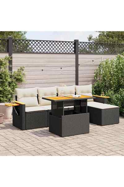 vidaxl Set mobilier gradina perne 6 piese negru poliratan/lemn acacia