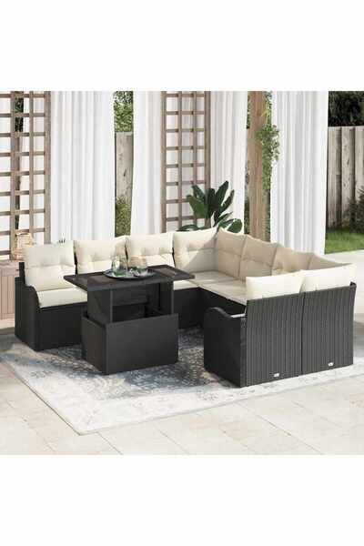 vidaxl Set de canapele pentru gradina cu perna 9 pcs Negru Rattan poli